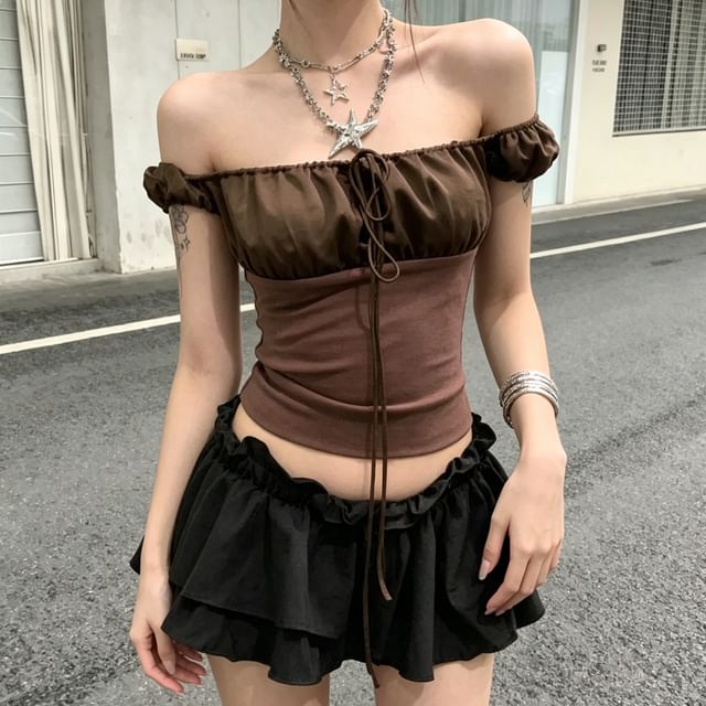 Off Shoulder Ruched Crop Short Sleeve T-Shirt