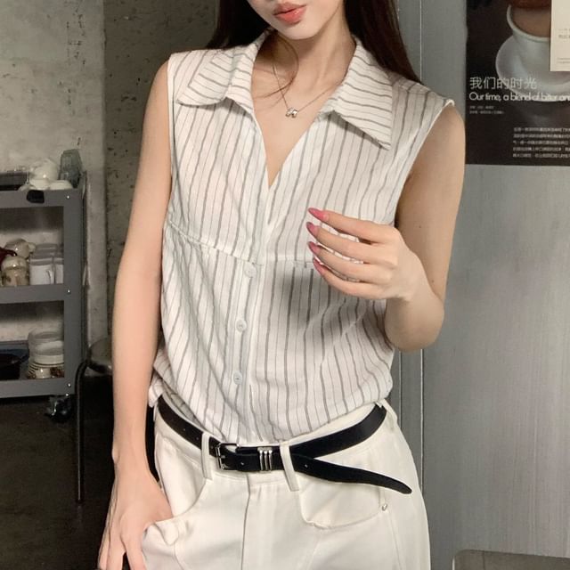 Collared Striped Button Up Sleeveless Shirt