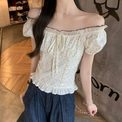 Short Sleeve Square Neck Dotted Ruffle Trim Blouse
