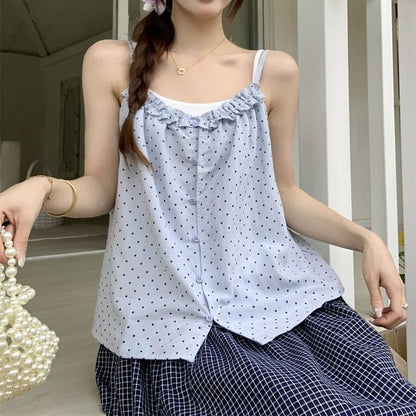Set: Spaghetti Strap Scoop Neck Dotted Ruffle Camisole and Solid Camisole