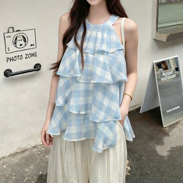 Halter Neck Plaid Ruffle Tiered Top