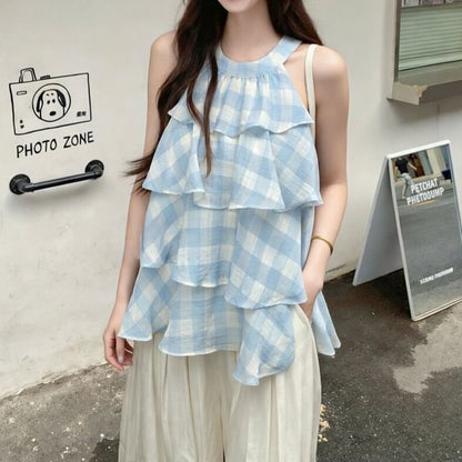 Halter Neck Plaid Ruffle Tiered Top