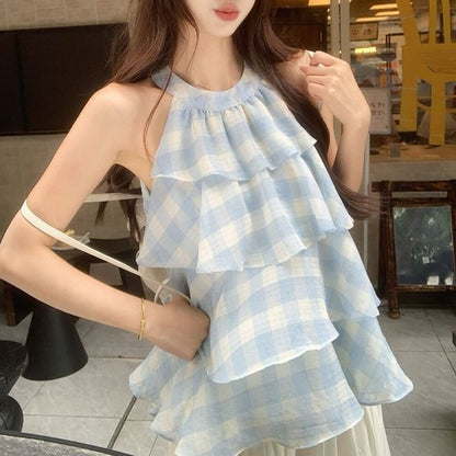 Halter Neck Plaid Ruffle Tiered Top