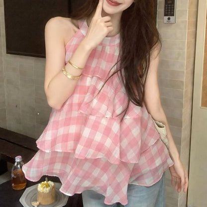 Halter Neck Plaid Ruffle Tiered Top