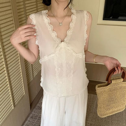 V-Neck Sleeveless Lace Trim Blouse