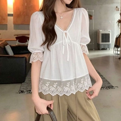 V-Neck Elbow Sleeve Lace Trim Top