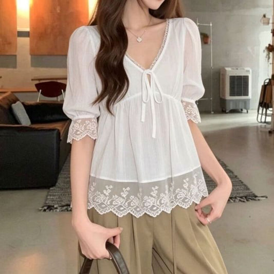 V-Neck Elbow Sleeve Lace Trim Top