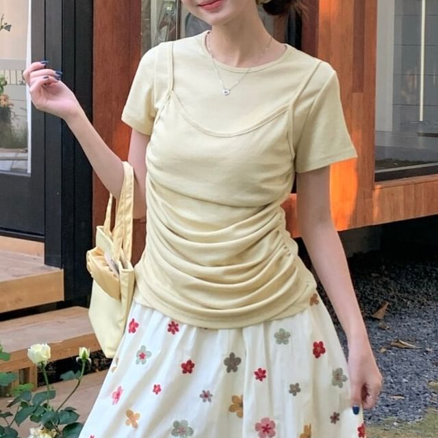 Crew Neck Short Sleeve Mock Two Piece Ruched T-Shirt