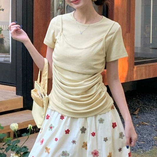 Crew Neck Short Sleeve Mock Two Piece Ruched T-Shirt