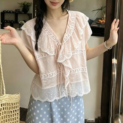 V-Neck Lace Trim Blouse with Short Sleeves