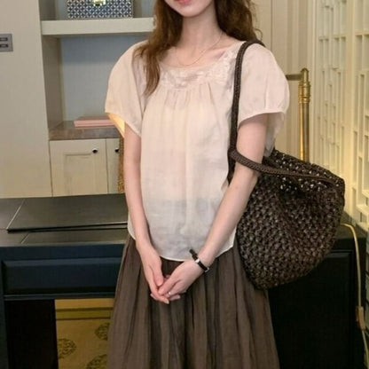 Short Sleeve Square Neck Lace Trim Top
