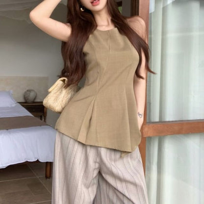 Round Neck Sleeveless Pleated Top with Pinstriped Wide Leg Pants Set