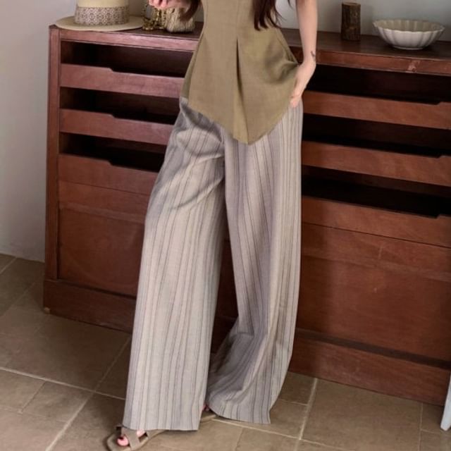 Round Neck Sleeveless Pleated Top with Pinstriped Wide Leg Pants Set