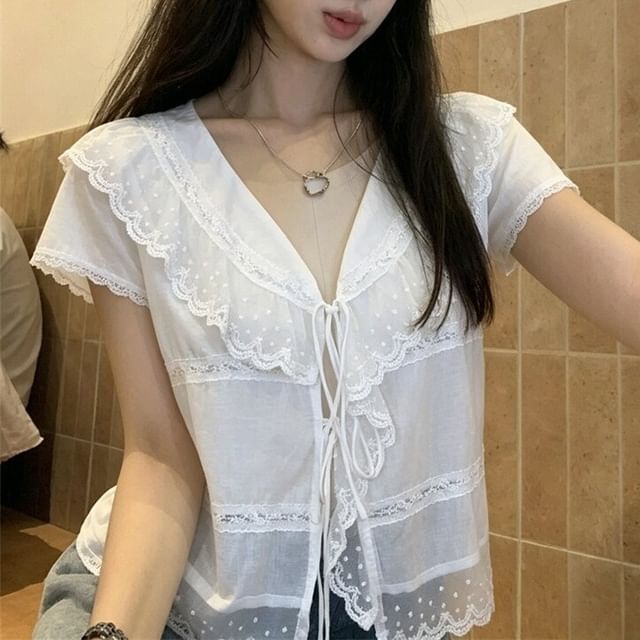 V-Neck Lace Trim Blouse with Short Sleeves