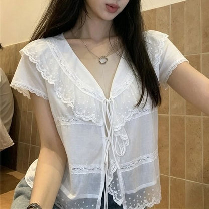 V-Neck Lace Trim Blouse with Short Sleeves