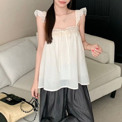 Spaghetti Strap Square Neck Lace Trim Camisole Top