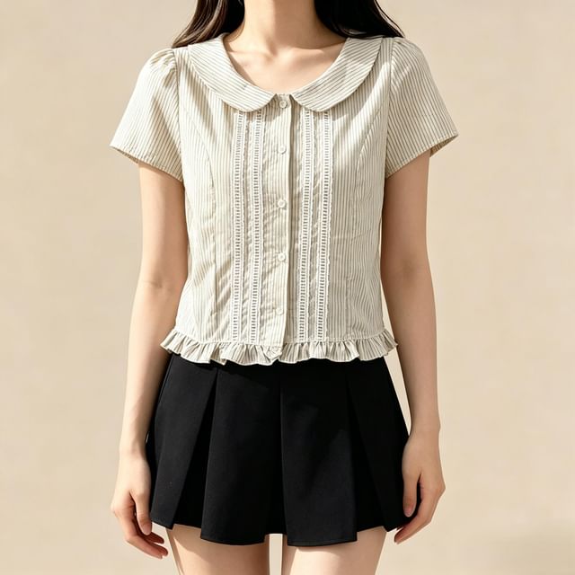Short-Sleeve Peter Pan Collar Striped Frill Trim Button-Up Crop Blouse