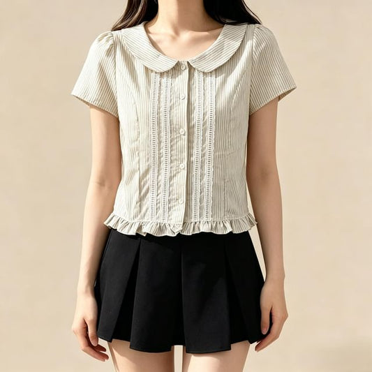 Short-Sleeve Peter Pan Collar Striped Frill Trim Button-Up Crop Blouse