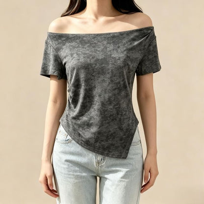 Short-Sleeve Off-Shoulder Tie Dye Asymmetrical Ruched T-Shirt