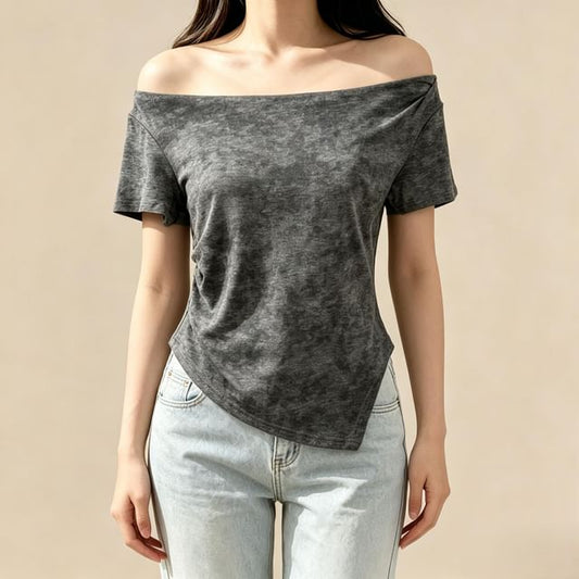 Short-Sleeve Off-Shoulder Tie Dye Asymmetrical Ruched T-Shirt