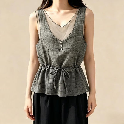 V-Neck Micro Dot Mesh Panel Drawstring Waist Tank Top