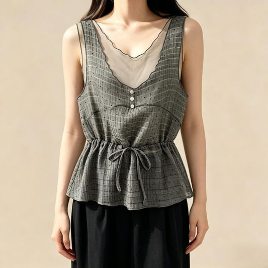 V-Neck Micro Dot Mesh Panel Drawstring Waist Tank Top