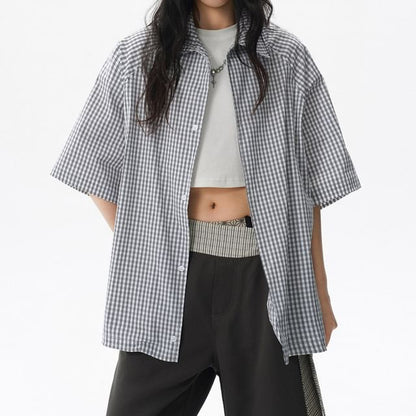 Oversized Plaid Collared Short Sleeve Shirt