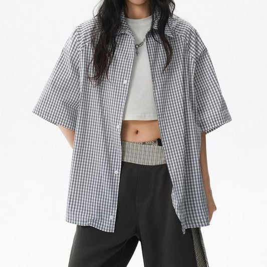 Oversized Plaid Collared Short Sleeve Shirt
