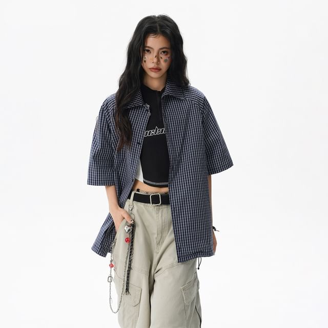 Oversized Plaid Collared Short Sleeve Shirt
