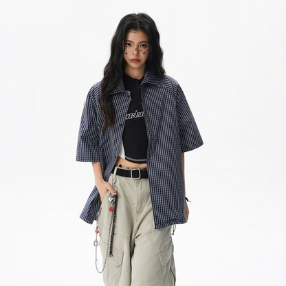 Oversized Plaid Collared Short Sleeve Shirt