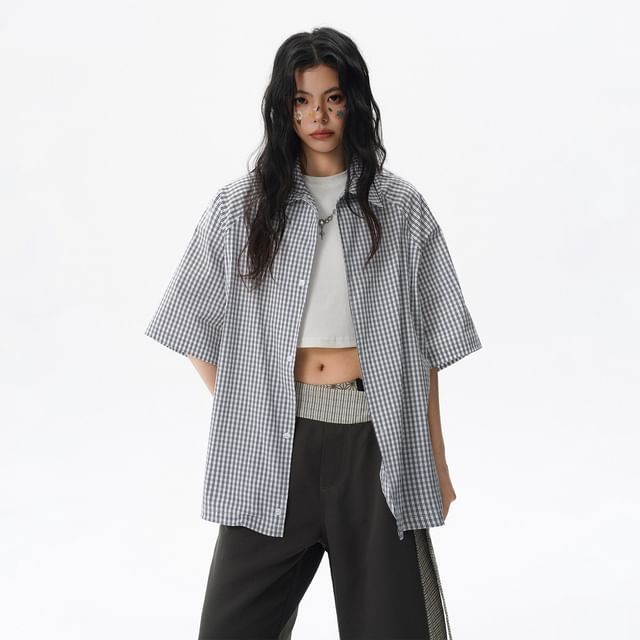 Oversized Plaid Collared Short Sleeve Shirt