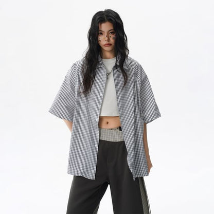Oversized Plaid Collared Short Sleeve Shirt
