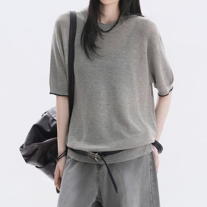 Oversized Plain Crew Neck Knit Top with Elbow Sleeves