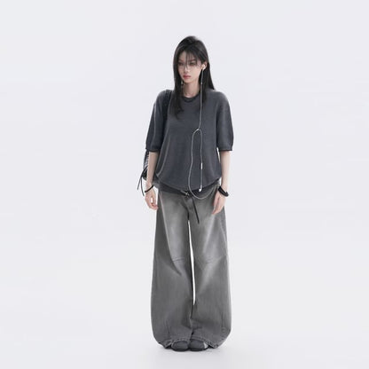 Oversized Plain Crew Neck Knit Top with Elbow Sleeves
