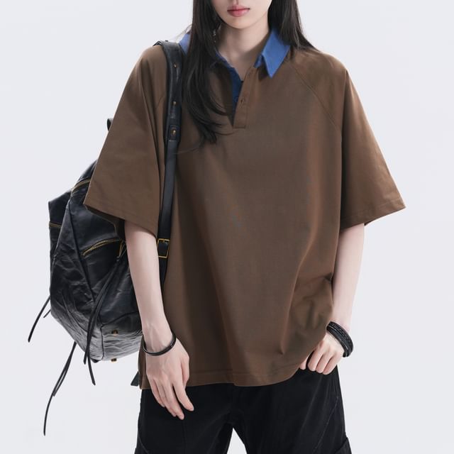 Oversized Two Tone Collared Polo Shirt with Elbow Sleeves