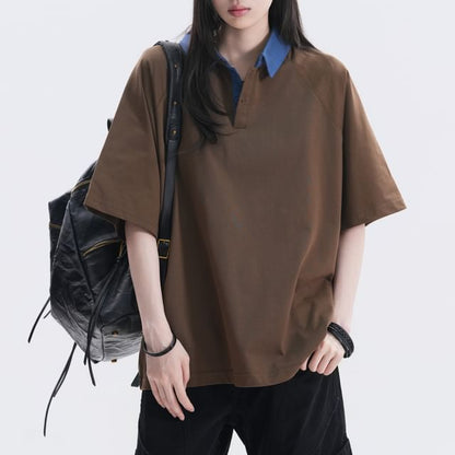 Oversized Two Tone Collared Polo Shirt with Elbow Sleeves