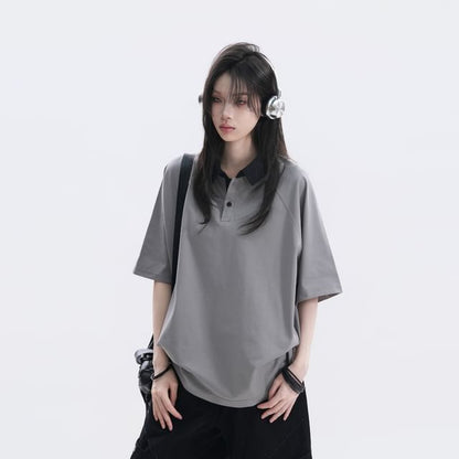 Oversized Two Tone Collared Polo Shirt with Elbow Sleeves