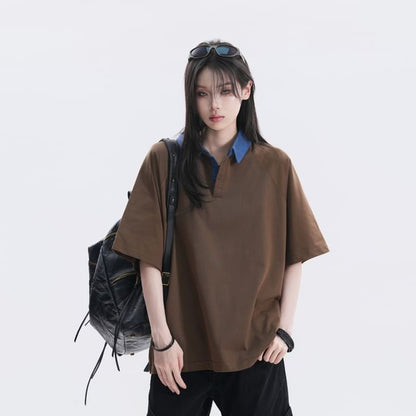 Oversized Two Tone Collared Polo Shirt with Elbow Sleeves