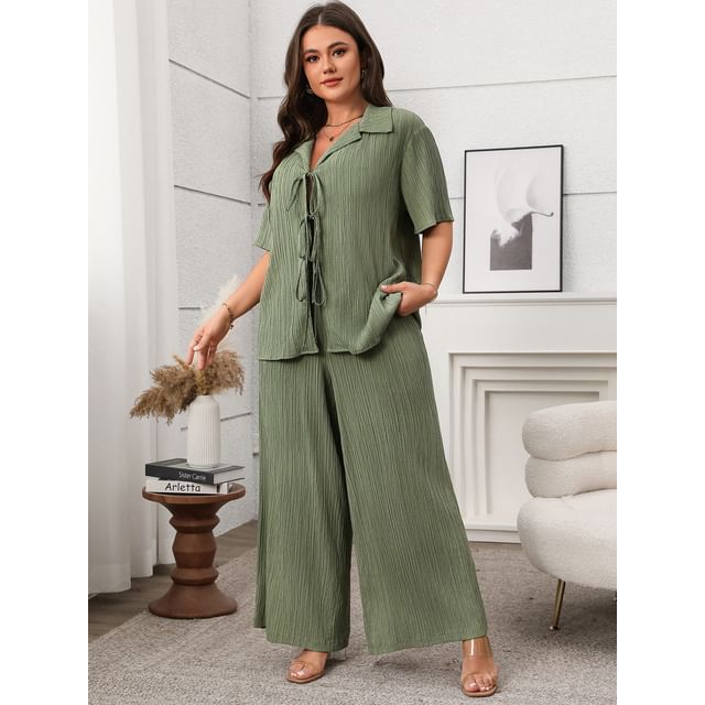 Plus Size V-Neck Blouse with Wide Leg Pants Set