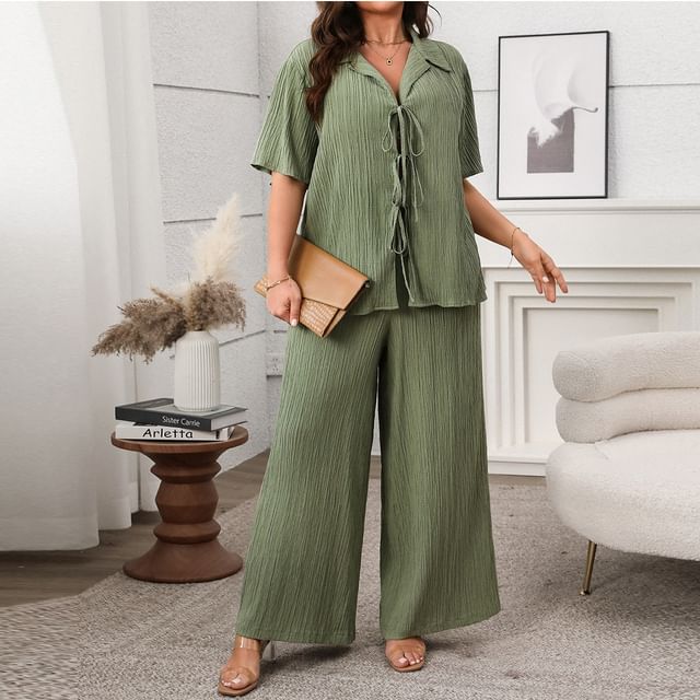 Plus Size V-Neck Blouse with Wide Leg Pants Set