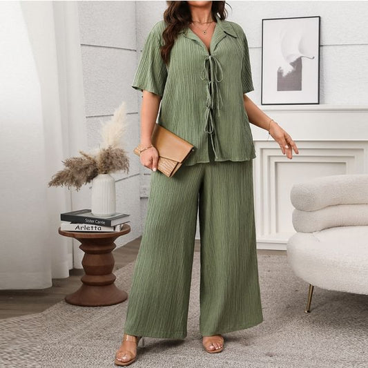 Plus Size V-Neck Blouse with Wide Leg Pants Set