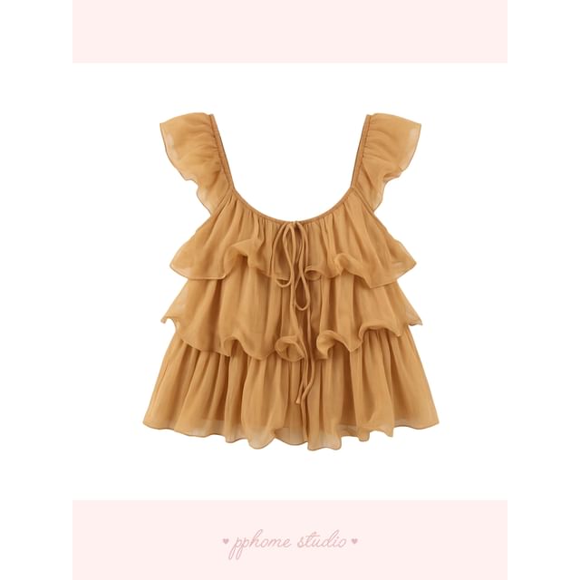 Puff Sleeve Scoop Neck Ruffle Blouse