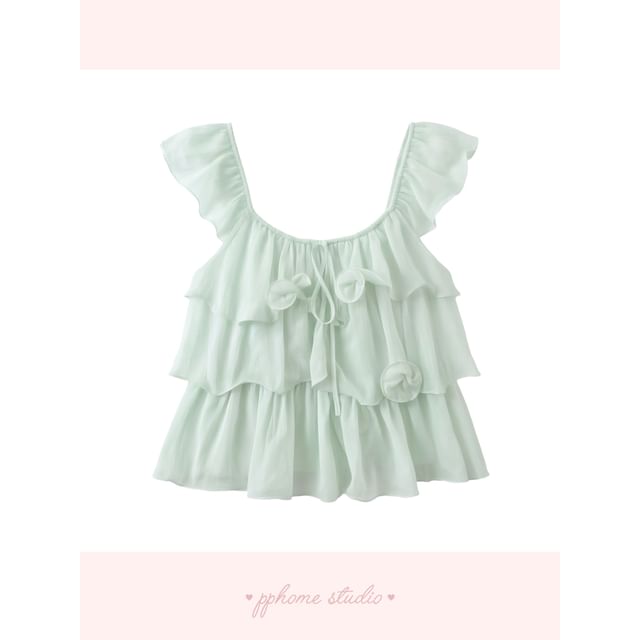 Puff Sleeve Scoop Neck Ruffle Blouse