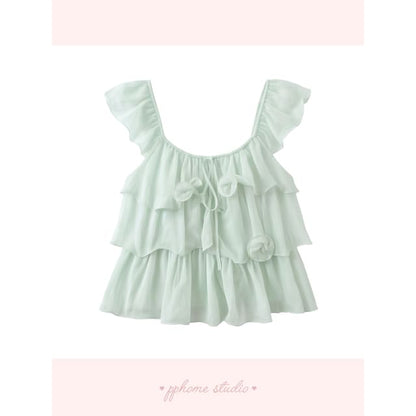 Puff Sleeve Scoop Neck Ruffle Blouse