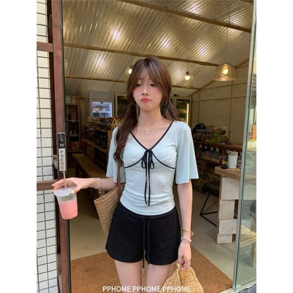 V-Neck Short Sleeve Contrast Trim Bow T-Shirt
