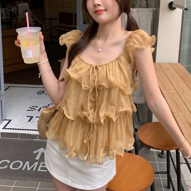 Puff Sleeve Scoop Neck Ruffle Blouse