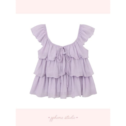 Puff Sleeve Scoop Neck Ruffle Blouse