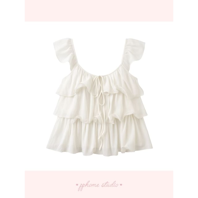 Puff Sleeve Scoop Neck Ruffle Blouse
