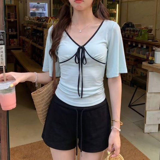 V-Neck Short Sleeve Contrast Trim Bow T-Shirt