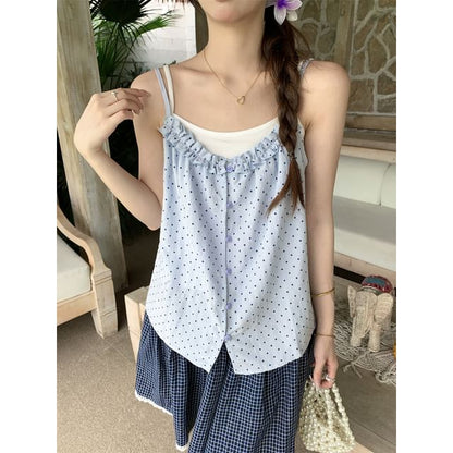 Set: Solid Camisole and Polka Dot Ruffle Camisole Top